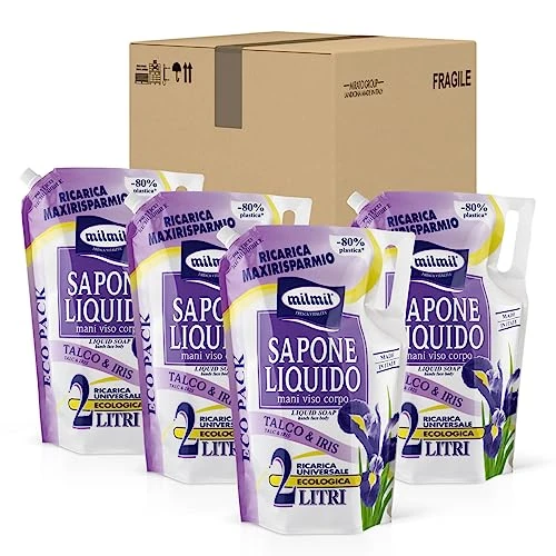 Limitiertes Angebot: Milmil Flüssigseife, Talkum & Iris, Universal-Nachfüllpackung Maxirisparmio, dermatologisch getestet - 4 x 2000 ml von 30.08 EUR auf 27.19 EUR (Spare 10%)