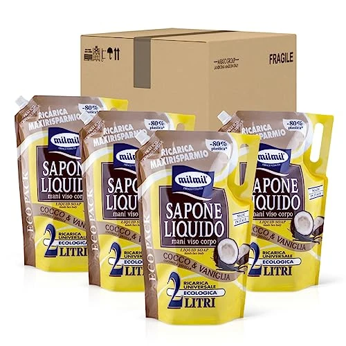 Milmil Sapone Liquido, Fragranza Cocco & Vaniglia, Ricarica Universale Maxirisparmio, Dermatologicamente Testato - 4 x 2000 ML