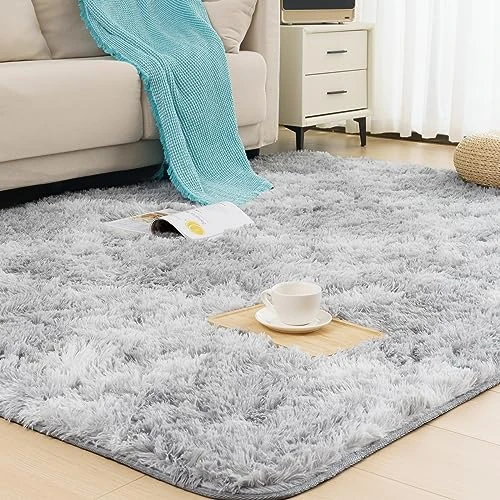 Vamcheer Shaggy Area Rug for Living Room- Soft Washable Large Rug Bedroom Carpet, 8mm Thick Pile Tie-Dye Rug for Bed Living Room Kids Room Decor Anti Slip, Light Gray, 200x310cm
