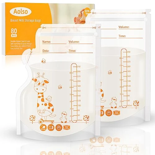 Offerta a tempo: Aolso 80 Pezzi Sacchetti Latte Materno, 250ml Sacchetto Per La Conservazione Del Latte Senza BPA, Contenitore Latte Materno con Scala, Sacchetto di Stoccaggio Pre-sterilization Autoportanti - 38% da 15.99 € a 9.99 €