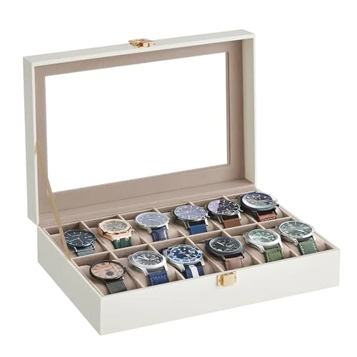 Offerta a tempo: SONGMICS Porta Orologi a 12 Posti, Coperchio in Vetro, Serratura | Scatola Portaorologi, Cuscini Rimovibili, Idea Regalo, Superficie in PU Bianco, Interno Marrone Cammello, Bridie JWB120W01 - 10% da 23.99 € a 21.59 €