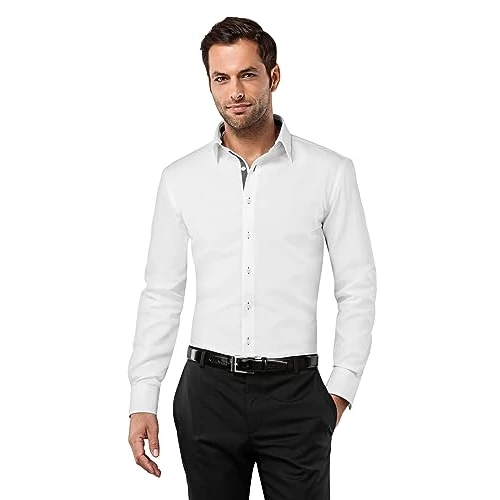 Vincenzo Boretti Herenhemd, strijkvrij, 100% katoen, slimfit, effen kleuren, 8 wit/antraciet, 43-44