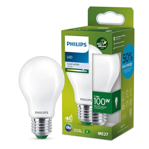 Limited-time offer: Philips Ultra Efficient - Ultra Energy Saving Lights, LED Light Source, 100W, A60, E27, Cool White 4000 Kelvin, Frosted from 14.01 GBP to 13.09 GBP (save 7%)