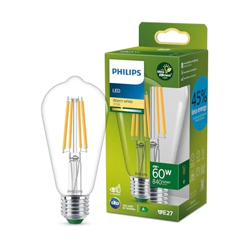 Limited-time offer: Philips Classic ultra-efficient LED bulb with energy efficiency class A, E27 base, replaces 60W, clear, warm white light, edison shape from 7.30 GBP to 6.09 GBP (save 17%)