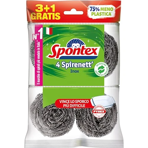 Spontex Spirenett' 3+1, stalowe tarcze do usuwania najgorszych zabrudzeń niż garnki, naczynia i grille. Rozmiar 4 sztuk