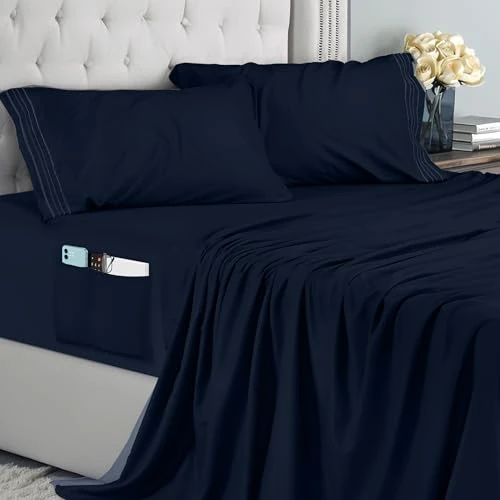 Oferta ograniczona: Utopia Bedding 4-Częściowy Haftowanych Zestaw Prześcieradeł 180x200 cm - Poliester Mikrofibra, Prześcieradło Dopasowane, Płaskie Prześcieradło I 2 Haftowane Poszewki Na Poduszki, Granatowy z 111.99 EUR na 111.99 EUR (znizka 0%)