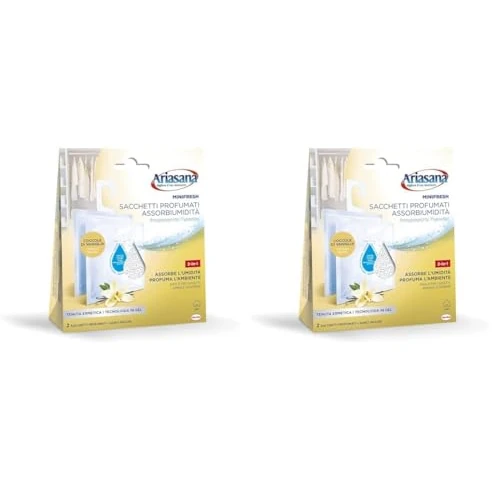Offerta a tempo: Ariasana Minifresh Coccole di Vaniglia Sacchetti profumati, Sacchetti assorbi umidità e deodoranti 2 in 1, Deodorante cassetti, armadi e piccoli ambienti, sacchetti 2x50g, Confezione da 2 - 44% da 17.80 € a 9.90 €