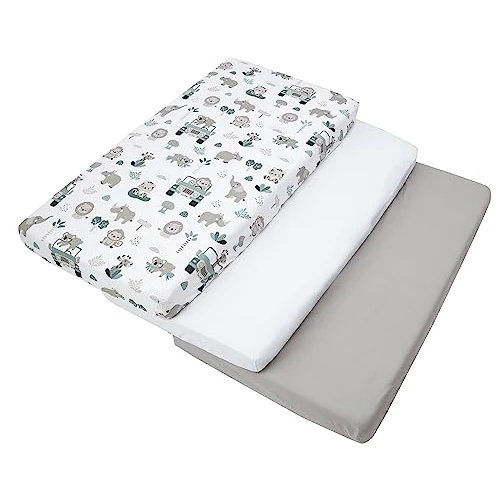 Medi Partners Sabana Bajera Cuna 60x120 Set de 3-100% Algodon Sabanas de Algodón Bebe Ropa de Cama para Bebés Dormir Cuna Fitted Bed Sheet Protector (Menta Zoo-Blanco-Gris)