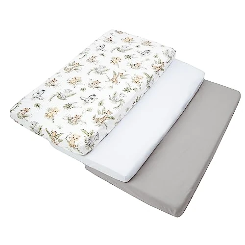 Medi Partners Sabana Bajera Cuna 60x120 Set de 3-100% Algodon Sabanas de Algodón Bebe Ropa de Cama para Bebés Dormir Cuna Fitted Bed Sheet Protector (Safari-Blanco-Gris)