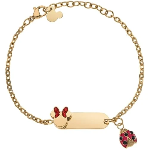 Disney Lucky Minnie Stainless Steel Collection Gold Red Ladybird and Cubic Zirconia Bracelet for Girls and Children, 18 cm, one size, Stainless Steel, Cubic Zirconia