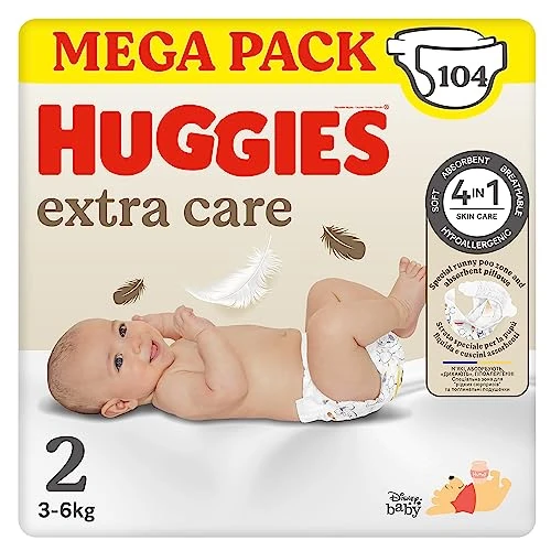Offerta a tempo: Huggies Extra Care Bebe, Pannolini Taglia 2 (3-6Kg), Ultra assorbente, Design Disney, Pacco Mega, 104 Pz - 46% da 34.99 € a 18.79 €