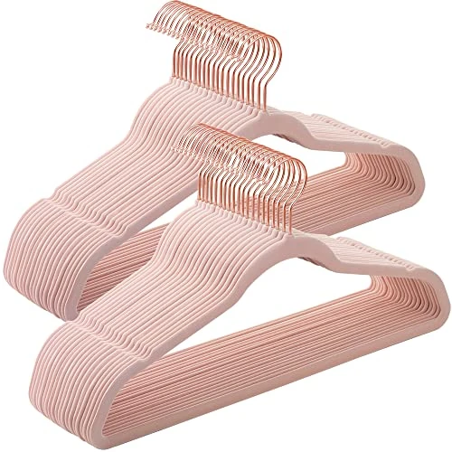 Limited offer: SONGMICS Set of 50 Velvet Hangers, 41.5 cm Wide, Space-Saving, High Load Capacity, with 360° Swivel Hooks, for Coats Shirts Suits, Pink and Rose Gold CRF026P02 from 22.92 EUR to 14.44 EUR (save 37%)
