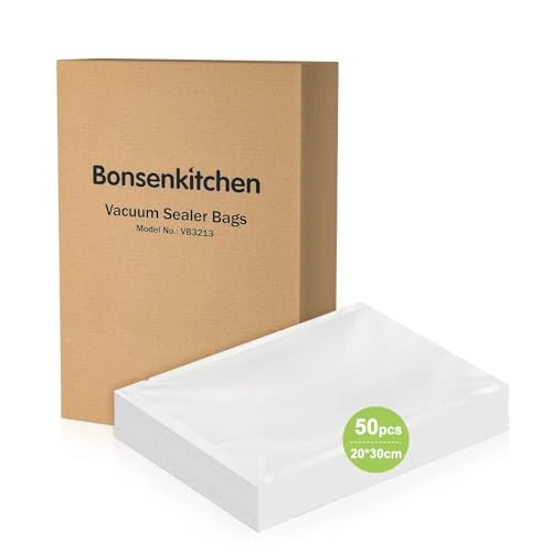 Bonsenkitchen Vacuum Bags 20 x 30 cm, 50 Bags Professional Foil Bags for All Vacuum Sealers, Vacuum Bags for Food, Sous Vide Freezer Bags, Shrink Bags, BPA-Free