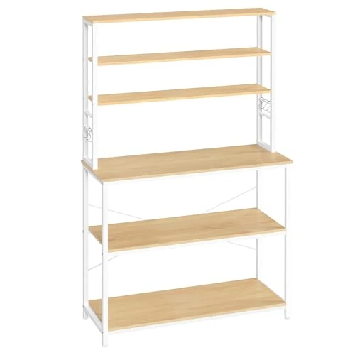 VASAGLE Küchenregal, Standregal, Mikrowellen-Regal, stehend, 6 Ablagen, 6 Haken, Stahlrahmen, rustikal, 40 x 100 x 167 cm, goldeichenfarben-wolkenweiß KKS039Y09
