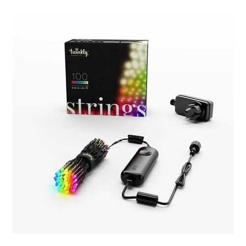 Twinkly Strings 100 LED RGB+ Weiß, LED-Lichterkette, Smarte LEDs für den Innen- und Außenbereich, Kompatibel mit Alexa und Google Home, IP44, App-Steuerung, Schwarzes Kabel, 8m