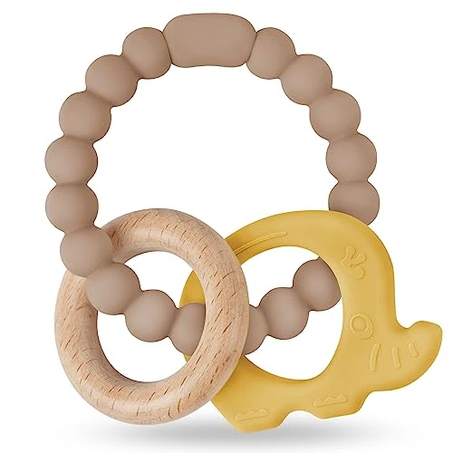 Tijdelijke aanbieding: Vicloon Bijtring voor baby's, olifant bijtring, speelgoed van siliconen en houten ringen, babybijthulp, BPA-vrij, pijnverlichtende tanden, verzorgingsaccessoires voor baby's vanaf 3 maanden (geel) van 5.99 € naar 5.69 € (5% korting)