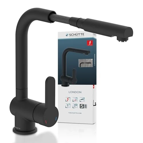 Limited offer: Schütte London Low Pressure Kitchen Faucet with Pull-Out Shower Head, Water Heater/Under Table Appliance Fixture, 360 Degree Rotatable Water Tap Kitchen, Mixer Tap Sink Fixture 79769, Black from 88.75 EUR to 88.75 EUR (save 0%)