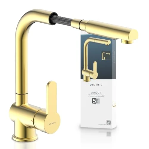 Offerta a tempo: SCHÜTTE London 79770 - Rubinetto da cucina con doccetta estraibile, girevole a 360 gradi per la cucina, miscelatore con miscelatore monocomando, rubinetto per lavello in oro - 0.00% da 169.89 € a 169.89 €