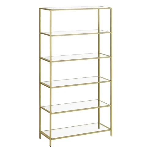 VASAGLE Bathroom Shelf with 6 Shelves, Tempered Glass Easy Assembly for Bathroom, Living Room, Kitchen, Office, Clear Metallic Gold LGT503A01