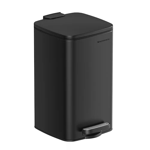 SONGMICS Afvalemmer voor cosmetica LTB591B0802, inhoud 8 liter, prullenbak voor de badkamer, kleine afvalbak, met pedaal, voor kleine ruimtes, met deksel, soft-closure techniek, van staal, zwart