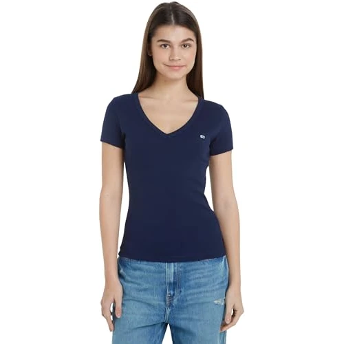 Offerta a tempo: Tommy Jeans Tjw Slim Essential Rib V Ss Dw0Dw17385, Top in Maglia a Maniche Corte, Donna, Blu (Dark Night Navy), L - 52% da 34.90 € a 16.80 €