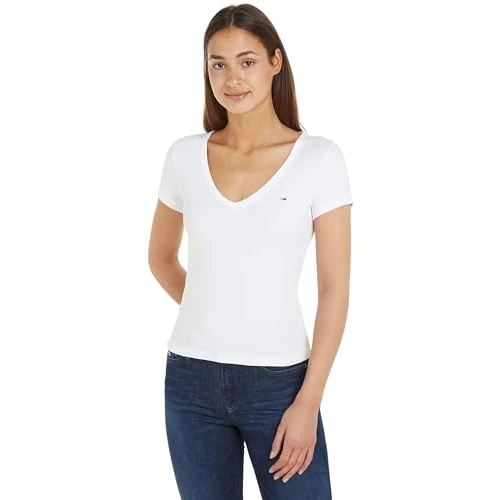 Offre limitee: Tommy Jeans T-Shirt Manches Courtes Femme Slim Col en V, Blanc (White), M de 34.90 EUR a 19.66 EUR (economie 44%)