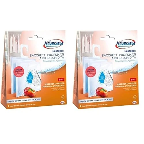Offerta a tempo: Ariasana Minifresh Energia Fruttata Sacchetti profumati 2in1, Sacchetti con doppia azione assorbiumidità e antiodore, Deodorante cassetti e armadi, 2 sacchetti da 50g (Confezione da 2) - 50% da 17.80 € a 8.98 €