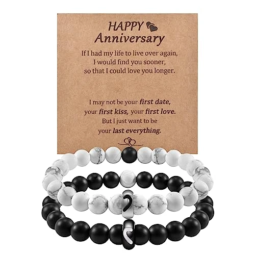 CheersLife Cadeau Saint Valentin Pour Homme Bracelet Couple Cadeau Pour Couple Joyeux Anniversaire Bracelet Couple Amoureux pour 2 Cadeau Couple St Valentin Bracelet Anneau de Cœur 2PCS