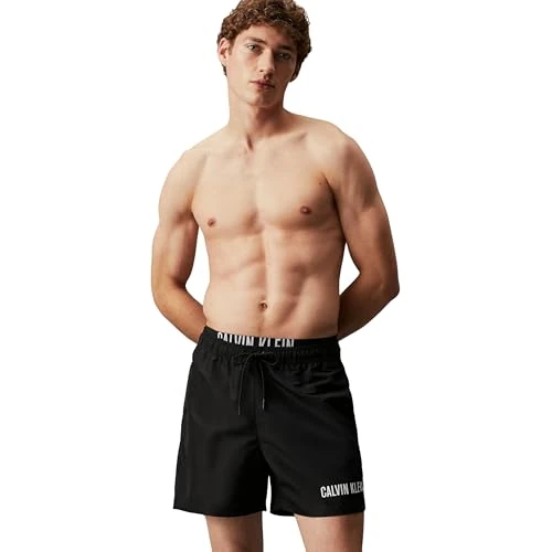 Calvin Klein Men's Medium Double Waistband Mid Length Swim Shorts, Black (Pvh Black), M