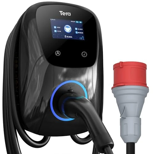 Tera Driefasige oplader voor elektrische auto, type 2: laadstation voor elektrisch voertuig, 22 kw, 32 A, 400 V, CEE-stopcontact, instelbare stroom, CE-gecertificeerd, 7 m, oplaadkabel compatibel met