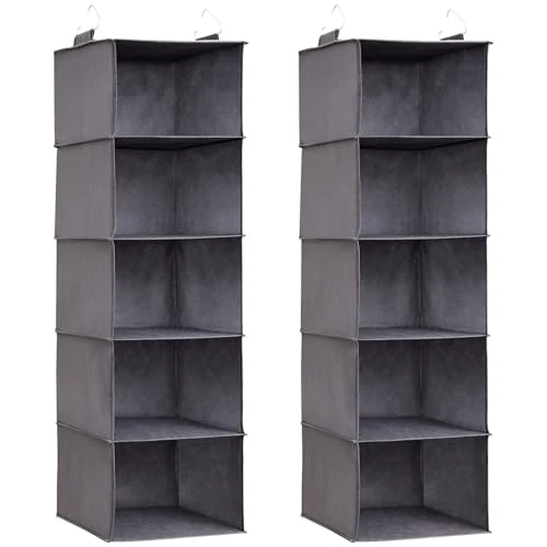 Lifewit Pack of 2 Hanging Shelves, Wardrobe Organiser, Hanging System Wardrobe, Hanging Storage Made of Fabric, Wardrobe Organiser System, Foldable and Space-Saving with Metal Hooks, 5 Compartments,