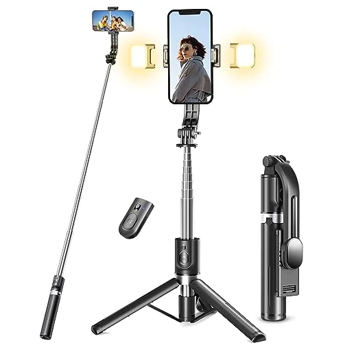 Selfie Stick-statief met 2 vullampen, 45 inch extra lang telefoonstatief met afneembare afstandsbediening, compatibel met iPhone, Samsung, smartphone