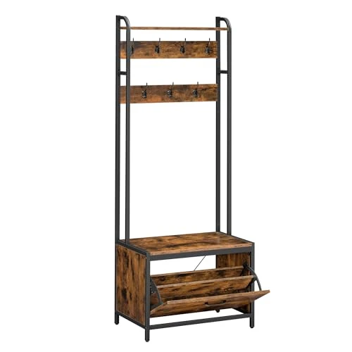 Offerta a tempo: VASAGLE Appendiabiti con Scarpiera a Ribalta, Mobile da Ingresso, con Panca, 7 Ganci e Mensola Superiore, per Corridoio Camera da Letto, Stile Industriale, Marrone Vintage e Nero HSR425B01 - 15% da 79.99 € a 67.99 €