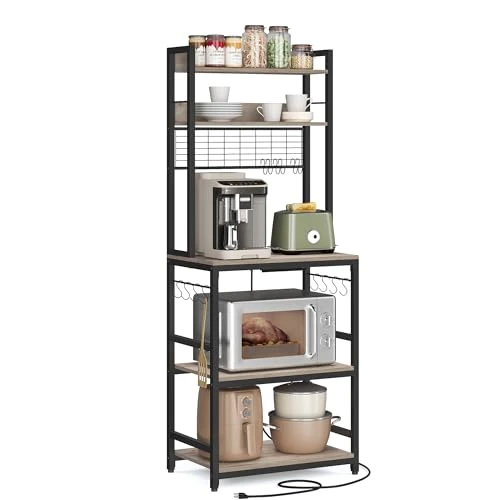 VASAGLE Estantería para Panadería con Toma de Corriente, Soporte de Microondas, Estantería de Cocina, Alambre de Metal, 14 Ganchos, 40 x 60 x 170 cm, Greige y Negro KKS037B02EU