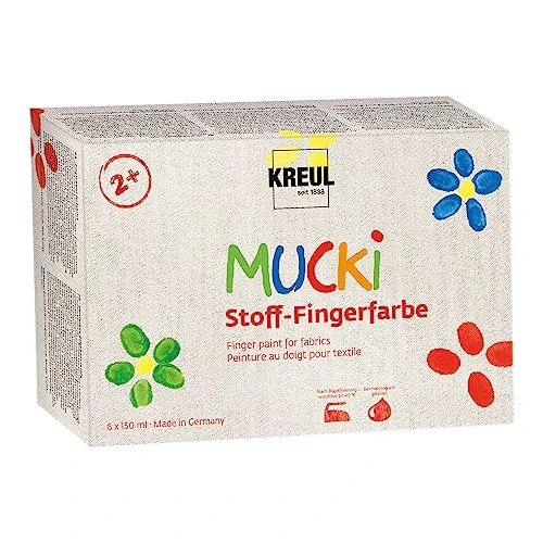 KREUL 28420 - Mucki Stoff-Fingerfarbe, 6 x 150 ml Weiß, Gelb, Rot, Grün, Blau, Violett, leuchtkräftige Farben auf Wasserbasis für Kinder ab 2 Jahren