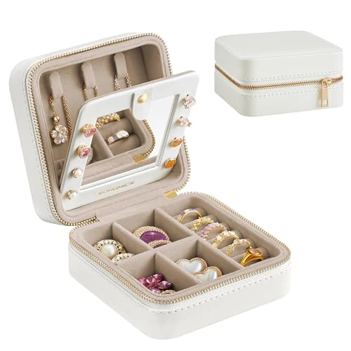 Offre limitée : SONGMICS Boîte à Bijoux de Voyage, Petit Écrin à Accessoires, avec Miroir, Rangement Bijoux Portable, Surface en PU, 11,4 x 11,4 x 5,5 cm, Blanc Nuage JBC146BEV2 de 20.99 € à 9.99 € (52% de remise)