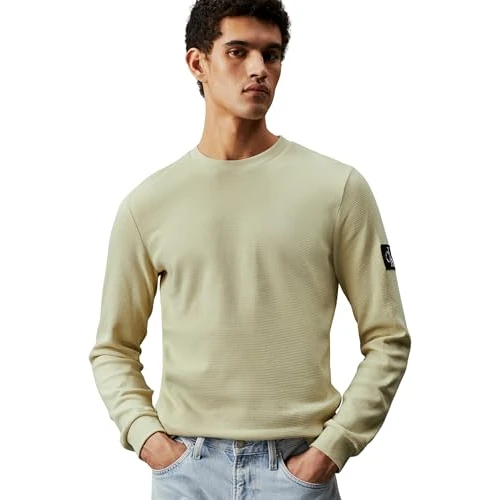 Calvin Klein Jeans Herren Langarmshirt Badge Waffle Basic, Grün (Green Haze), XXS