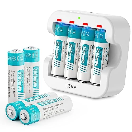 Oferta limitada: czvv Pilas Recargable AA Litio 1,5V - Capacidad Alta 3500mWh 8 Pack Baterias Lithium con Cargador Ultra Rápido 2H - Larga Duración 10 Años,1300 Ciclo, Salida Constante, Ratón, Teclado, Gamepad de 17.62 € a 17.62 € (ahorro 0.00%)