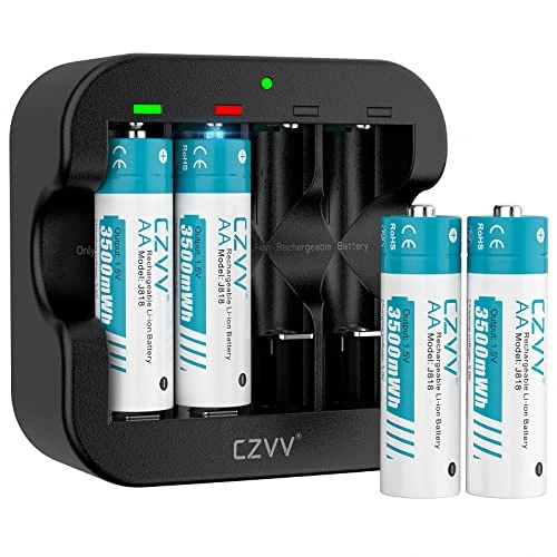 Offerta a tempo: czvv Batterie Ricaricabili AA Lithium 1,5V - Alta Capacità 3500mWh Pile 4 Pezzi con Caricatore 4 Slot Intelligente Caricabatterie Ricarica Rapida 2H, 1500 Cicli, Durata Ultra Lunga 10 Anni - 54% da 31.98 € a 14.65 €
