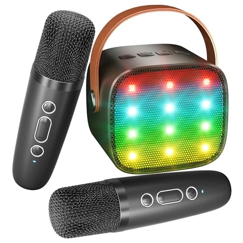 BONAOK Karaoke 2 Micrófono para Niños, Karaoke Infantil Micrófonos Inalámbricos Altavoz Bluetooth portátil con Luz LED y Efectos de Sonido Variables para niño Regalos/Juguetes - Negro