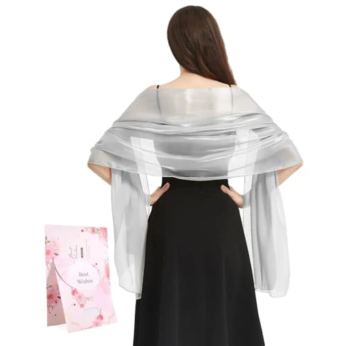 Niwicee Women Silky Iridescent Scarf Wrap Stole Shawl Shimmery Metallic Silver Shawl Scarf for Bridal Bridesmaid Wedding Evening Party Formal Ball Scarves(Grey,One size)