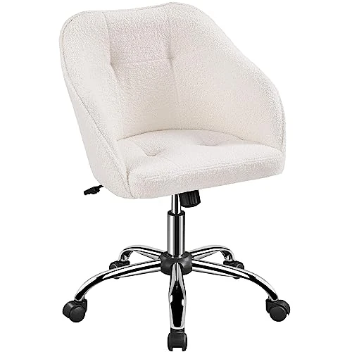 Yaheetech Fauteuil de bureau ergonomique en bouclé rembourré hauteur réglable inclinable pivotant à roulettes ivoire