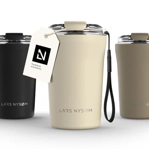 LARS NYSØM Thermo Coffee Mug-to-go with Strap 13oz | Travel Mug 0.38 Liter with Insulation | Leak Proof Stainless Steel Thermal Tumbler for Coffee and Tea to Go (Almond Beige, 380ml)