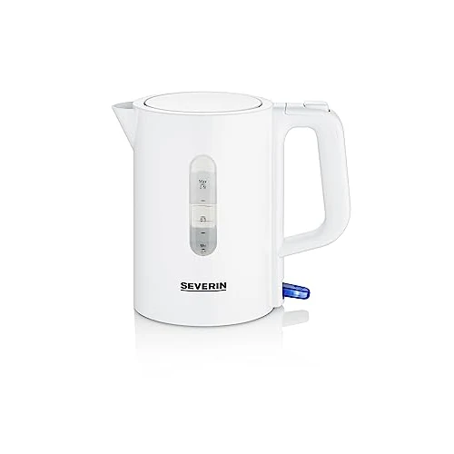 SEVERIN turystyczny bezprzewodowy czajnik elektryczny, idealny w podróży, moc 1100 W, biały, w zestawie 2 plastikowe kubki i 2 łyżeczki, WK 3462