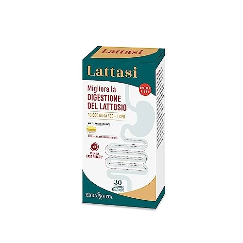 ERBA VITA Lattasi integratore alimentare con enzima lattasi, utile per migliorare e ottimizzare la digestione del lattosio in caso di intolleranza - Formato 30 Compresse
