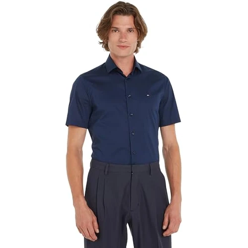 Tommy Hilfiger Męskie Core Cl Flex Poplin Sf Koszula S/S Sukienki Koszule, Niebieski, 42W, Marynarka marynarska, 42