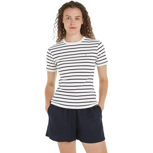 Limited-time offer: Tommy Hilfiger Women’s Short Sleeve Round Neck New Slim Cody T-Shirt, Multicolor (Breton Ecru/Desert Sky), XXS from 24.32 GBP to 24.32 GBP (save 0%)
