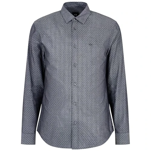 Offerta a tempo: Armani Exchange Maglietta a Maniche Lunghe con Micro Button Down. vestibilità Regolare, Pois Bianchi e Neri, XS Uomo — 59% da 90,00 € a 36,47 €