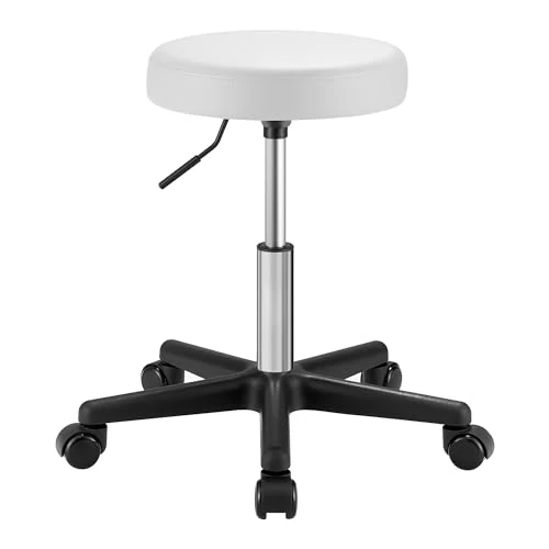 SONGMICS Obrotowy stołek z kółkami, regulowana wysokość 46-58 cm, wyściełany stołek barowy powlekany PU, stołek roboczy do biura salonu piękności, biały chmura LJB061W01