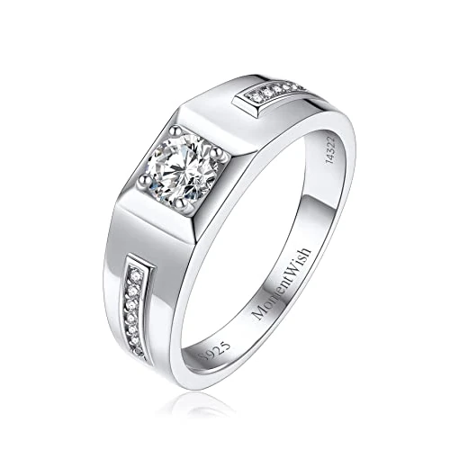 MomentWish Mens Engagement Rings, Silver Ring Men,Moissanite Simulated Diamond Ring,Custom Engrave Promise Rings Wedding Band Men Size8